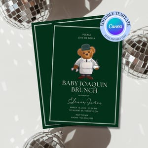 Coffee Baby Shower Invitation | Ralph Barista Bear Theme | Editable Canva Template | Green Baby Brunch Invite#26