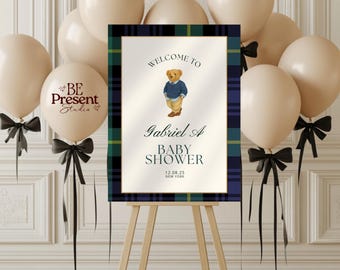 Polo Baby Shower Welcome Sign: Plaid Equestrian Theme (Canva Template, Printable Decor)