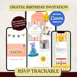 May include: Digital birthday invitation template displayed on three smartphones. The design includes a star, envelope, and the text "RSVP Trackable". The invitation is editable with Canva and can be shared via text or WhatsApp.