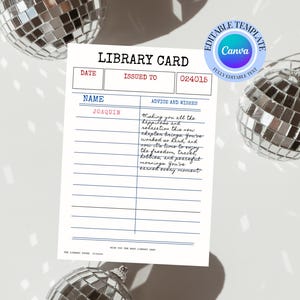 Könnte beinhalten: Eine weiße Bibliothekskarte mit blauem und rotem Text, mit dem Namen "JOAQUIN" und handschriftlichen Ratschlägen. Die Karte ist von Diskokugel-Ornamenten umgeben, die eine festliche Atmosphäre schaffen. Die Karte enthält den Text "LIBRARY CARD" und "EDITABLE TEMPLATE Canva".