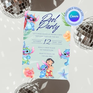 Custom Printable Editable Stitch Invitation, Stitch Party Invite Template, Lilo And Stitch Birthday Invite, Birthday Canva Edit pool party