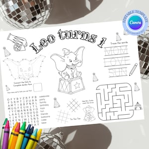 May include: Black and white printable activity sheet for a child's first birthday. Features a Dumbo the elephant theme with connect-the-dots, a maze, word tracing, and a word search. Includes the text "Leo turns 1".