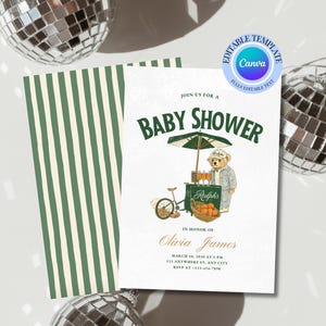 Ralph Lauren Inspired Baby Shower Invitation: Green Stripes Bear (Editable Canva Template)