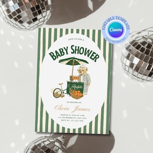 Green Stripes Baby Shower Invitation: Bear Design (Canva Template Digital Download)