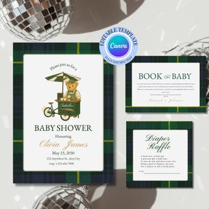 May include: Baby shower invitation and inserts with a plaid border. The invitation features a teddy bear vendor graphic and the text "Baby Shower" with the honoree's name and event details. Additional inserts include a "Book for Baby" card and a "Diaper Raffle" card.