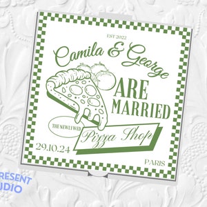 Plantilla de caja de pizza personalizada para bodas: Invitación a la cena de ensayo (Descarga digital)