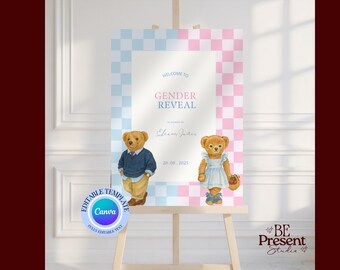 Polo Bear Gender Reveal Welcome Sign: Pink & Blue Baby Shower (Digital Download)