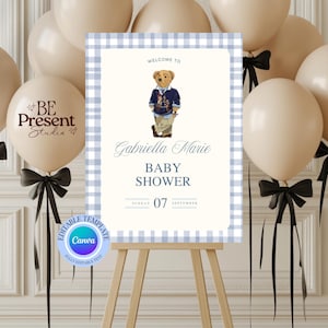 Letrero de bienvenida para baby shower de Ralph Lauren Polo, plantilla para bar, invitación clásica a cuadros, ducha azul, diseño de Ralph Lauren Polo Club, polo para bebé n.° 5