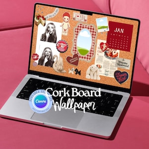 May include: A laptop screen showing a cork board wallpaper design. The digital cork board includes photos, stickers, and a calendar. The text "Cork Board Wallpaper" is displayed. The laptop is on a pink surface.