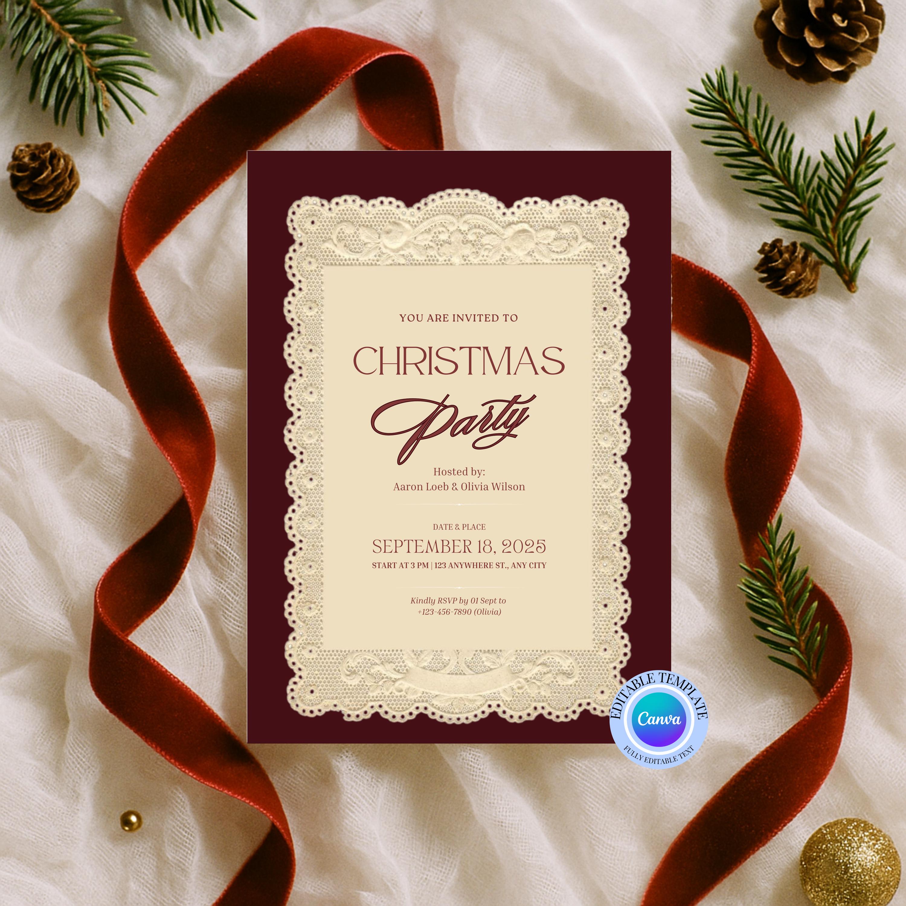 Elegant Lace Christmas Party Invitation Vintage-inspired Burgundy ...