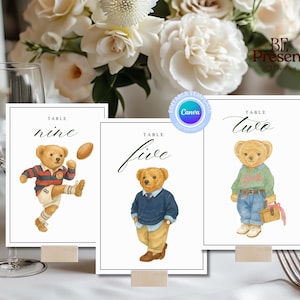Tarjetas de números para mesa de baby shower con temática de ositos de peluche: cuadros escoceses (plantilla de Canva)