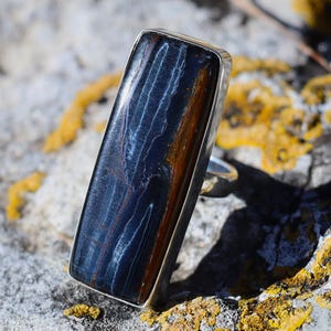 Blue Tiger's Eye Ring in 925 Sterling Silver | Natural Blue Gemstone Statement Ring | Unique Rectangular Jewelry