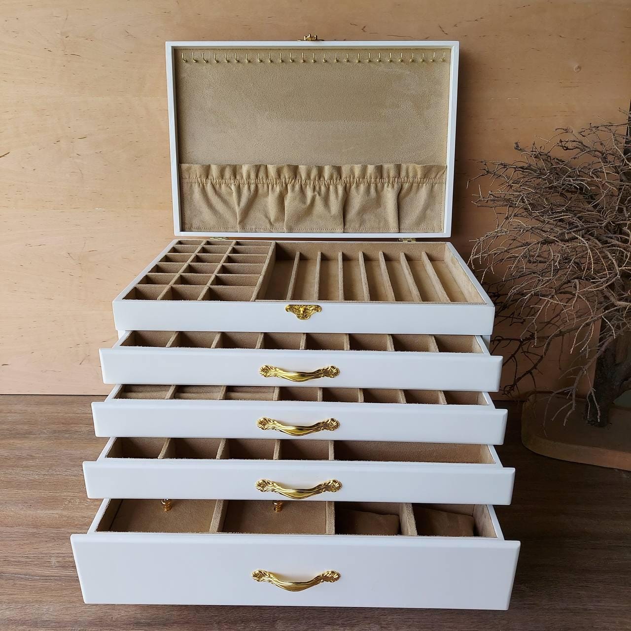 5-tier Wood Jewelry Box, Velvet Lined, Custom Storage - Etsy