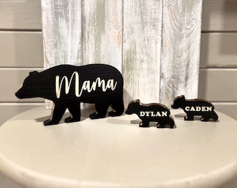 Oso de mamá tallado personalizado y cachorro / oso de madera / decoración de montaña / oso de mamá / vivero de osos / decoración de estantes / vivero de bosques / regalo /