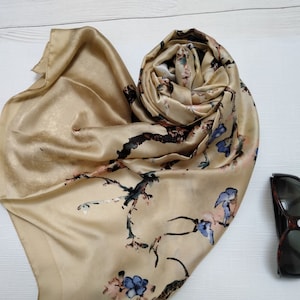 Almond Blossom Silk Scarf, Scarves for Women, Van Gogh Scarf Beige