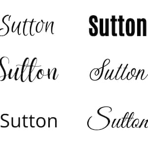 May include: Five different variations of the word "Sutton" in black text on a white background. The word is written in a variety of styles, including cursive, bold, and sans-serif.