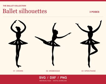 Lot de fichiers SVG de ballerines, 3 silhouettes de danseuses de ballet, poses arabesque et tutu, fichiers de découpe DXF, PNG transparent