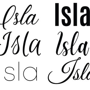 以下が含まれることがあります： 「Isla」という単語を5つの異なるスタイルで書いたグラフィックデザイン。単語は、太字のブロック体、筆記体、手書き体、細いフォント、太いフォントで書かれています。