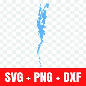 May include: A light blue outline of a lake or body of water. The outline is a long, narrow shape with many curves and inlets. The outline is on a white background with a checkered pattern.