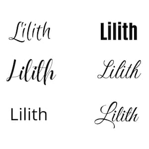 May include: Five different variations of the name Lilith, written in different fonts and styles. The name is spelled "Lilith" in all five variations.