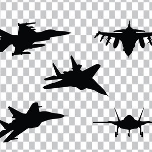 May include: Silhouettes of five different fighter jets against a transparent background. The jets are all black and are shown in various angles.