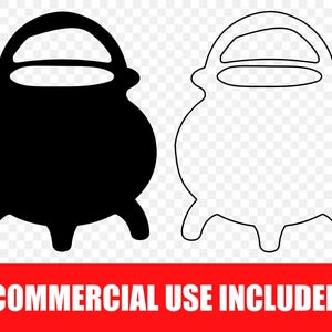 May include: A black silhouette and a white outline of a three-legged cauldron with a handle. The image features a red banner at the bottom with the white text COMMERCIAL USE INCLUDED. The design is presented against a transparent background.