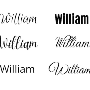 Puede incluir: Cinco variaciones diferentes del nombre "William" escritas en diferentes estilos. El nombre está escrito en cursiva, en negrita y en fuente estándar.