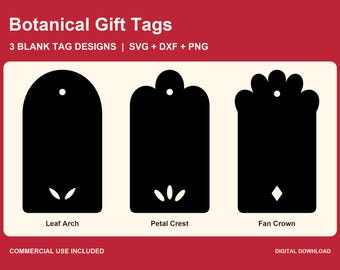 Lot d'étiquettes cadeaux botaniques au format SVG, 3 modèles d'étiquettes vierges, motifs floraux en forme d'arche et d'éventail, DXF et PNG transparent.