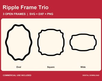Ensemble de cadres ondulés SVG, 3 bordures à effet vague, cadres ovales, carrés et larges, fichiers de découpe DXF, PNG transparent