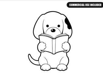 Chien mignon lisant un livre (SVG/PNG), adorable chiot lecteur (fichier de découpe Cricut Silhouette), clipart numérique pour étudiant, enseignant ou amoureux des livres (téléchargement).