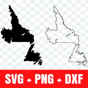 May include: Black and white outline of the province of Newfoundland and Labrador, Canada. The outline is in a simple, minimalist style. The text "SVG + PNG + DXF" is at the bottom of the image.