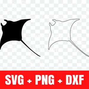 May include: Two manta ray designs, one solid black and the other an outline, are displayed against a transparent background. The bottom of the image features a red banner with the text "SVG + PNG + DXF" in white.