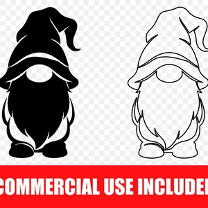 May include: Two graphic illustrations of a gnome figure, one rendered as a solid black silhouette and the other as a black outline on a transparent background. The text COMMERCIAL USE INCLUDED is printed in white on a red rectangular banner.