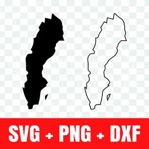 Könnte beinhalten: Zwei Vektorgrafiken des Landes Schweden. Eine ist eine schwarze Vollsilhouette, die andere eine schwarze Umrisslinie. Die Grafiken befinden sich auf transparentem Hintergrund. Unter den Grafiken steht der Text "SVG + PNG + DXF" in weißen Buchstaben auf rotem Hintergrund.