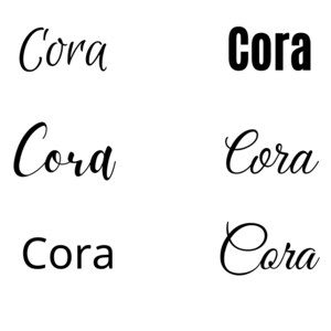 May include: Five different variations of the name Cora written in different styles. The name Cora is written in cursive, bold, and in a simple font.