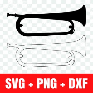 Op de afbeelding: Twee zwart-witte silhouetbeelden van een bugel of trompet. De bovenste afbeelding is een volledig zwarte bugel. De onderste afbeelding is een witte omtrek van een bugel.