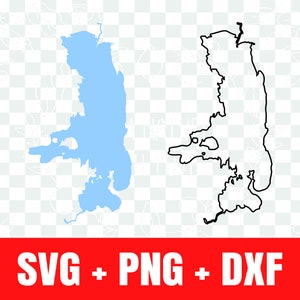 May include: A blue outline of a lake with a black outline of the same lake.