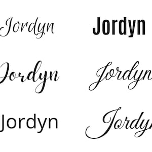 May include: Five different variations of the name Jordyn, including a cursive script, a bold font, and a more casual script.