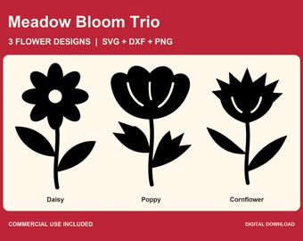 Lot de fichiers SVG Fleurs des prés, 3 silhouettes botaniques (marguerite, coquelicot, bleuet), fichiers de découpe DXF, PNG transparent