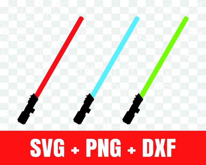 May include: Three lightsaber silhouettes, one red, one blue, and one green. The lightsabers are angled diagonally, with the handles pointing towards the bottom of the image.