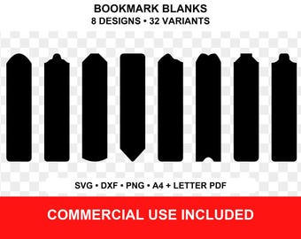 Lot de marque-pages vierges au format SVG, 8 profils originaux, 32 variantes de tailles et de perforations, DXF, PNG et PDF (taille réelle).
