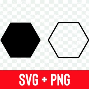 May include: Two black hexagons, one filled in and one outlined. The filled in hexagon is on the left and the outlined hexagon is on the right. The background is a transparent checkered pattern.