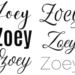 May include: Five different variations of the name "Zoey" written in black ink. The name is written in cursive, block letters, and a combination of both.