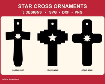 Ensemble de 3 ornements en forme de croix et d'étoile (format SVG et PNG transparent), comprenant des croix suspendues. Formats DXF et PNG transparents.
