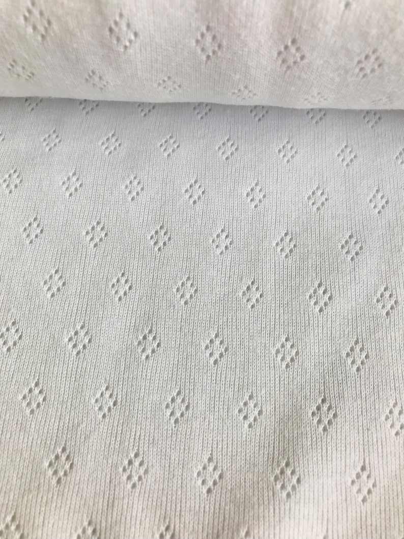 White Knit Pointelle Jersey Fabric// Soft two-way stretch cotton material, Pointelle fabric, Knit fabric, White fabric afbeelding 2