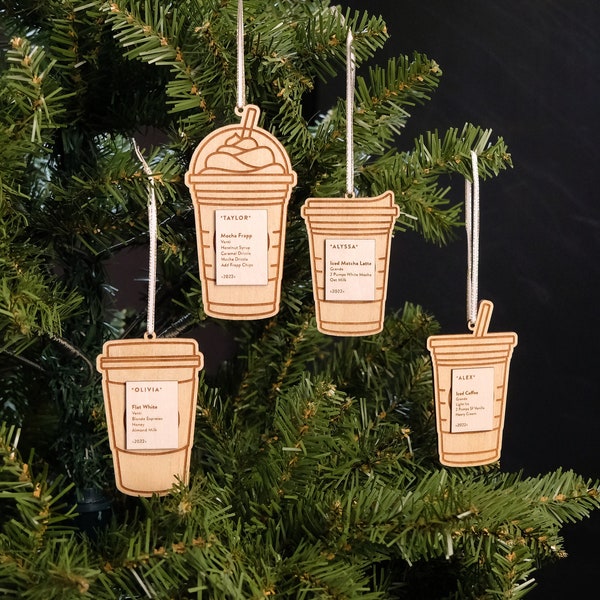 Custom Coffee Order Ornament, Personalized St*rbucks Inspired Wood Christmas Ornament, Iced Coffee Lover Gift, Frappuccino Stocking Stuffer