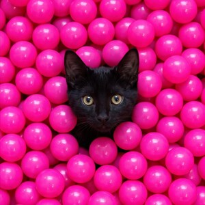Könnte beinhalten: Eine schwarze Katze mit gelben Augen blickt aus einer Masse leuchtend rosa Plastikbälle hervor. Das Gesicht der Katze ist zentriert und bildet einen auffälligen Kontrast zum lebendigen Hintergrund. Die Bälle füllen den Rahmen und erzeugen eine verspielte und auffällige Szene.