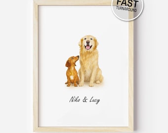 Custom Watercolor Pet Portrait from Photo – Digital Multi Pet Painting – Printable Dog Cat Artwork Gift