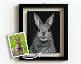 Hasen Portrait, Schwarz Weiss Kaninchen Foto nach Ihrem Bild, Digitales Haustier Erinnerungsgeschenk, druckbares Kaninchen Portrait, Studio Tierfoto