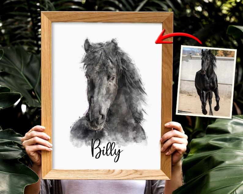 K&ouml;nnte beinhalten: Ein Aquarellbild eines schwarzen Pferdekopfes mit dem Namen "Billy" darunter. Das Pferd hat eine lange M&auml;hne und ein dunkles Fell.